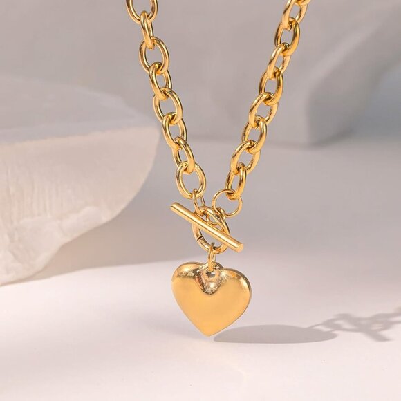 Retro Heart Charm Necklace, Chunky Thick Chain Necklaces with Puffy Heart Pendan - Picture 4 of 7